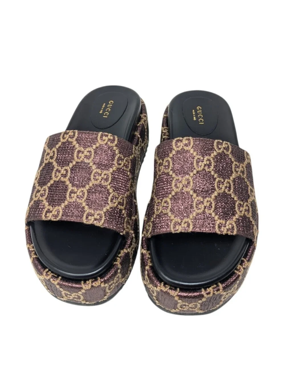Gucci Brown Monogram Lame Angelina Platform Slide Sandals Size EU 39